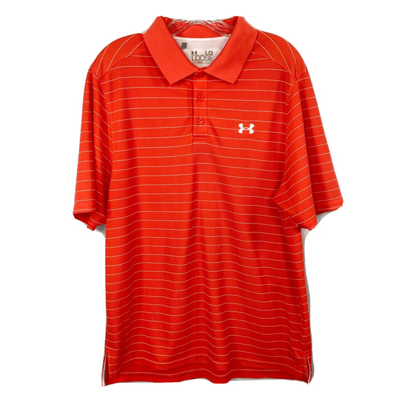 Under Armour Polo Shirt Mens Sz L Orange Striped Loose Heat‎ Gear Tech Golf - Picture 1 of 9
